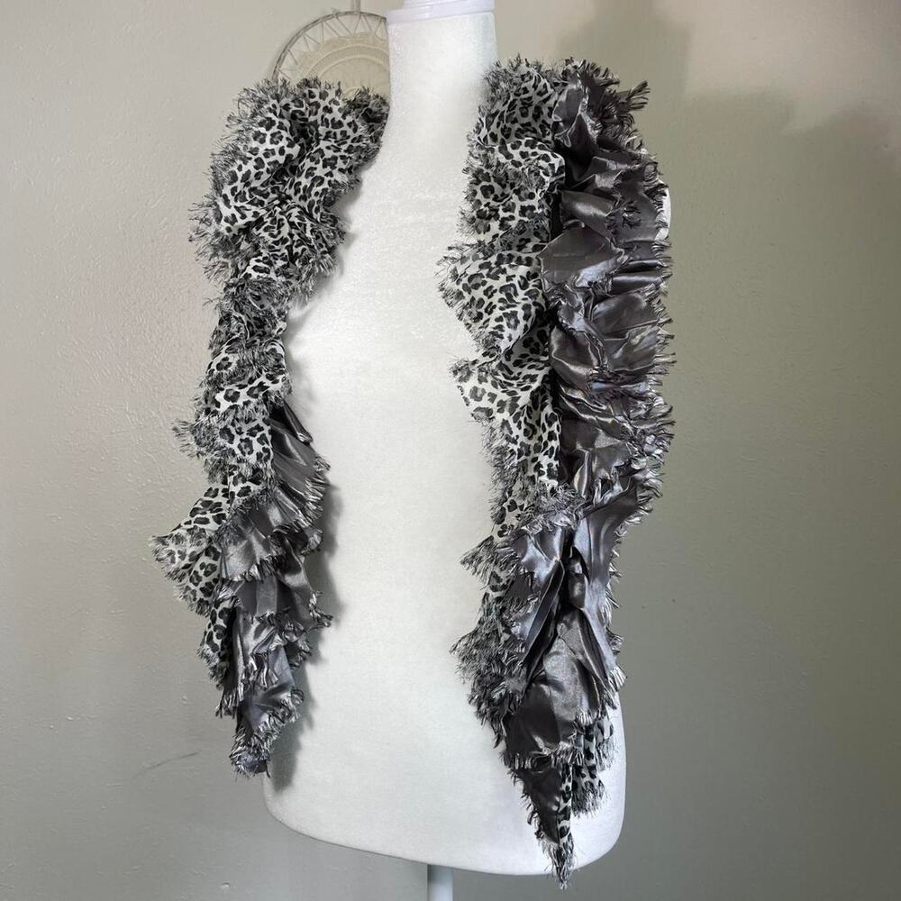 Vintage Y2K Silver/Leopard Print Ruffle Scarf Womens One Size Satin Glam